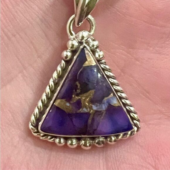 Southwestern Purple Copper Dahlia Turquoise Triangle Pendant Sterling Silver - Picture 1 of 4